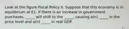 Look at the figure Fiscal Policy II. Suppose that this economy is in equilibrium at E1. If there is an increase in government purchases, _____ will shift to the _____, causing a(n) _____ in the price level and a(n) _____ in real GDP.