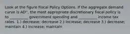 Look at the figure Fiscal Policy Options. If the aggregate demand curve is AD'', the most appropriate discretionary fiscal policy is to __________ government spending and __________ income tax rates. 1.) decrease; decrease 2.) increase; decrease 3.) decrease; maintain 4.) increase; maintain