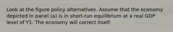 Look at the figure policy alternatives. Assume that the economy depicted in panel (a) is in short-run equilibrium at a real GDP level of Y1. The economy will correct itself: