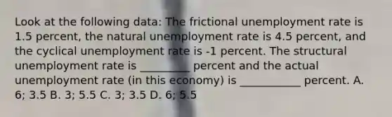 Look at the following data: The frictional unemployment rate is 1.5 percent, the natural unemployment rate is 4.5 percent, and the cyclical unemployment rate is -1 percent. The structural unemployment rate is _________ percent and the actual unemployment rate (in this economy) is ___________ percent. A. 6; 3.5 B. 3; 5.5 C. 3; 3.5 D. 6; 5.5