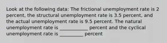 Look at the following data: The frictional <a href='https://www.questionai.com/knowledge/kh7PJ5HsOk-unemployment-rate' class='anchor-knowledge'>unemployment rate</a> is 2 percent, the structural unemployment rate is 3.5 percent, and the actual unemployment rate is 9.5 percent. The natural unemployment rate is ____________ percent and the cyclical unemployment rate is __________ percent