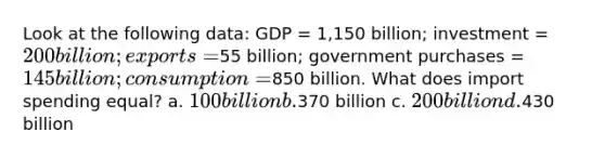 Look at the following data: GDP = 1,150 billion; investment = 200 billion; exports =55 billion; government purchases = 145 billion; consumption =850 billion. What does import spending equal? a. 100 billion b.370 billion c. 200 billion d.430 billion