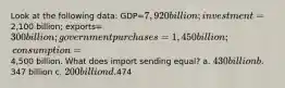 Look at the following data: GDP=7,920 billion; investment=2,100 billion; exports=300 billion; government purchases= 1,450 billion; consumption=4,500 billion. What does import sending equal? a. 430 billion b.347 billion c. 200 billion d.474