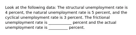 Look at the following data: The structural <a href='https://www.questionai.com/knowledge/kh7PJ5HsOk-unemployment-rate' class='anchor-knowledge'>unemployment rate</a> is 4 percent, the natural unemployment rate is 5 percent, and the cyclical unemployment rate is 3 percent. The frictional unemployment rate is ____________ percent and the actual unemployment rate is __________ percent.