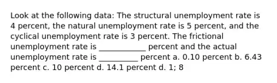 Look at the following data: The structural unemployment rate is 4 percent, the natural unemployment rate is 5 percent, and the cyclical unemployment rate is 3 percent. The frictional unemployment rate is ____________ percent and the actual unemployment rate is __________ percent a. 0.10 percent b. 6.43 percent c. 10 percent d. 14.1 percent d. 1; 8