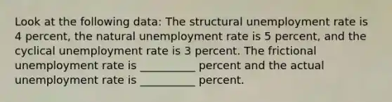 Look at the following data: The structural unemployment rate is 4 percent, the natural unemployment rate is 5 percent, and the cyclical unemployment rate is 3 percent. The frictional unemployment rate is __________ percent and the actual unemployment rate is __________ percent.