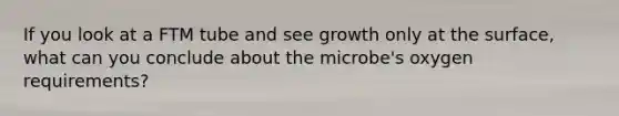 If you look at a FTM tube and see growth only at the surface, what can you conclude about the microbe's oxygen requirements?