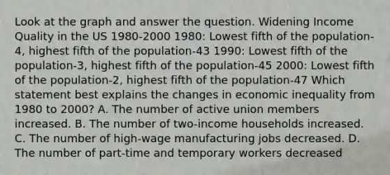 Look at the graph and answer the question. Widening Income Quality in the US 1980-2000 1980: Lowest fifth of the population-4, highest fifth of the population-43 1990: Lowest fifth of the population-3, highest fifth of the population-45 2000: Lowest fifth of the population-2, highest fifth of the population-47 Which statement best explains the changes in economic inequality from 1980 to 2000? A. The number of active union members increased. B. The number of two-income households increased. C. The number of high-wage manufacturing jobs decreased. D. The number of part-time and temporary workers decreased