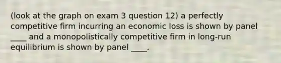 (look at the graph on exam 3 question 12) a perfectly competitive firm incurring an economic loss is shown by panel ____ and a monopolistically competitive firm in long-run equilibrium is shown by panel ____.