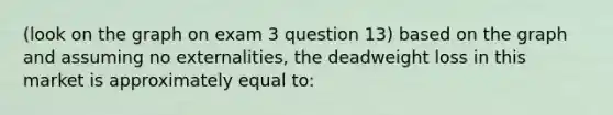 (look on the graph on exam 3 question 13) based on the graph and assuming no externalities, the deadweight loss in this market is approximately equal to: