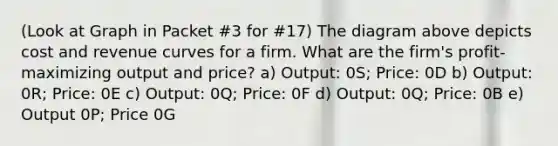 (Look at Graph in Packet #3 for #17) The diagram above depicts cost and revenue curves for a firm. What are the firm's profit-maximizing output and price? a) Output: 0S; Price: 0D b) Output: 0R; Price: 0E c) Output: 0Q; Price: 0F d) Output: 0Q; Price: 0B e) Output 0P; Price 0G