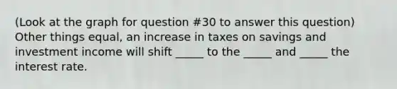 (Look at the graph for question #30 to answer this question) Other things equal, an increase in taxes on savings and investment income will shift _____ to the _____ and _____ the interest rate.