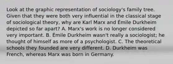 Look at the graphic representation of sociology's family tree. Given that they were both very influential in the classical stage of sociological theory, why are Karl Marx and Émile Durkheim depicted so far apart? A. Marx's work is no longer considered very important. B. Émile Durkheim wasn't really a sociologist; he thought of himself as more of a psychologist. C. The theoretical schools they founded are very different. D. Durkheim was French, whereas Marx was born in Germany.