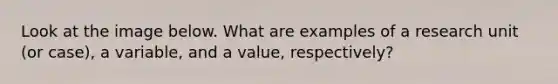 Look at the image below. What are examples of a research unit (or case), a variable, and a value, respectively?