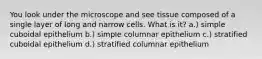 You look under the microscope and see tissue composed of a single layer of long and narrow cells. What is it? a.) simple cuboidal epithelium b.) simple columnar epithelium c.) stratified cuboidal epithelium d.) stratified columnar epithelium