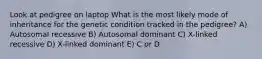 Look at pedigree on laptop What is the most likely mode of inheritance for the genetic condition tracked in the pedigree? A) Autosomal recessive B) Autosomal dominant C) X-linked recessive D) X-linked dominant E) C or D