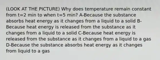 (LOOK AT THE PICTURE) Why does temperature remain constant from t=2 min to when t=5 min? A-Because the substance absorbs heat energy as it changes from a liquid to a solid B-Because heat energy is released from the substance as it changes from a liquid to a solid C-Because heat energy is released from the substance as it changes from a liquid to a gas D-Because the substance absorbs heat energy as it changes from liquid to a gas