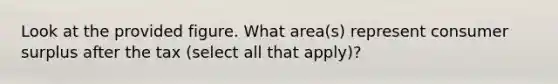 Look at the provided figure. What area(s) represent consumer surplus after the tax (select all that apply)?