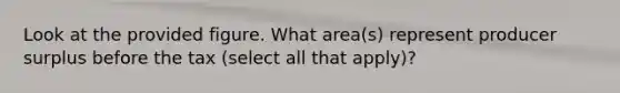 Look at the provided figure. What area(s) represent producer surplus before the tax (select all that apply)?