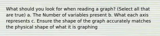 What should you look for when reading a graph? (Select all that are true) a. The Number of variables present b. What each axis represents c. Ensure the shape of the graph accurately matches the physical shape of what it is graphing