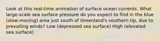 Look at this real-time animation of surface ocean currents. What large-scale sea surface pressure do you expect to find in the blue (slow-moving) area just south of Greenland's southern tip, due to prevailing winds? Low (depressed sea surface) High (elevated sea surface)