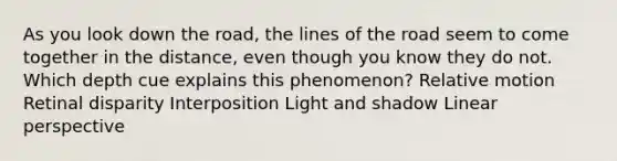 As you look down the road, the lines of the road seem to come together in the distance, even though you know they do not. Which depth cue explains this phenomenon? Relative motion Retinal disparity Interposition Light and shadow Linear perspective