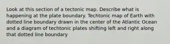 Look at this section of a tectonic map. Describe what is happening at the plate boundary. Techtonic map of Earth with dotted line boundary drawn in the center of the Atlantic Ocean and a diagram of techtonic plates shifting left and right along that dotted line boundary