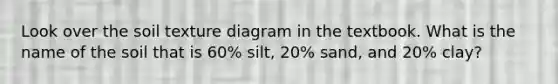 Look over the soil texture diagram in the textbook. What is the name of the soil that is 60% silt, 20% sand, and 20% clay?