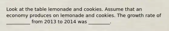 Look at the table lemonade and cookies. Assume that an economy produces on lemonade and cookies. The growth rate of __________ from 2013 to 2014 was _________.