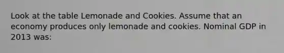 Look at the table Lemonade and Cookies. Assume that an economy produces only lemonade and cookies. Nominal GDP in 2013 was: