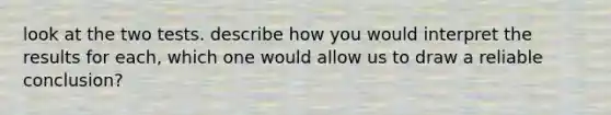 look at the two tests. describe how you would interpret the results for each, which one would allow us to draw a reliable conclusion?