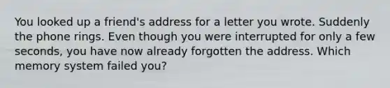 You looked up a friend's address for a letter you wrote. Suddenly the phone rings. Even though you were interrupted for only a few seconds, you have now already forgotten the address. Which memory system failed you?