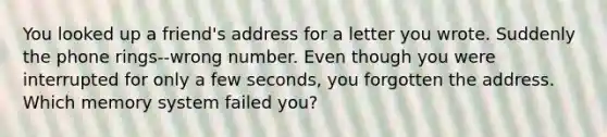 You looked up a friend's address for a letter you wrote. Suddenly the phone rings--wrong number. Even though you were interrupted for only a few seconds, you forgotten the address. Which memory system failed you?