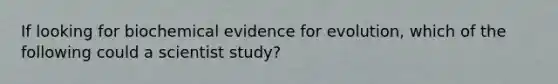 If looking for biochemical <a href='https://www.questionai.com/knowledge/kl4L0eHhUT-evidence-for-evolution' class='anchor-knowledge'>evidence for evolution</a>, which of the following could a scientist study?