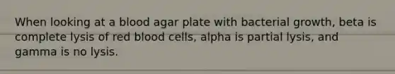 When looking at a blood agar plate with bacterial growth, beta is complete lysis of red blood cells, alpha is partial lysis, and gamma is no lysis.