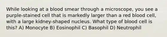 While looking at a blood smear through a microscope, you see a purple-stained cell that is markedly larger than a red blood cell, with a large kidney-shaped nucleus. What type of blood cell is this? A) Monocyte B) Eosinophil C) Basophil D) Neutrophil