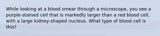 While looking at a blood smear through a microscope, you see a purple-stained cell that is markedly larger than a red blood cell, with a large kidney-shaped nucleus. What type of blood cell is this?