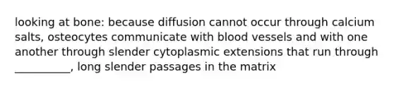 looking at bone: because diffusion cannot occur through calcium salts, osteocytes communicate with <a href='https://www.questionai.com/knowledge/kZJ3mNKN7P-blood-vessels' class='anchor-knowledge'>blood vessels</a> and with one another through slender cytoplasmic extensions that run through __________, long slender passages in the matrix