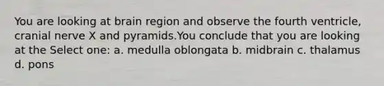 You are looking at brain region and observe the fourth ventricle, cranial nerve X and pyramids.You conclude that you are looking at the Select one: a. medulla oblongata b. midbrain c. thalamus d. pons