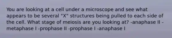 You are looking at a cell under a microscope and see what appears to be several "X" structures being pulled to each side of the cell. What stage of meiosis are you looking at? -anaphase II -metaphase I -prophase II -prophase I -anaphase I