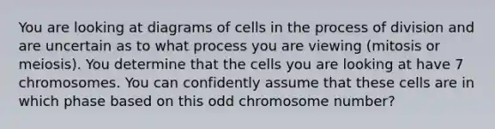 You are looking at diagrams of cells in the process of division and are uncertain as to what process you are viewing (mitosis or meiosis). You determine that the cells you are looking at have 7 chromosomes. You can confidently assume that these cells are in which phase based on this odd chromosome number?