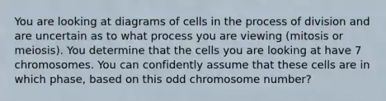 You are looking at diagrams of cells in the process of division and are uncertain as to what process you are viewing (mitosis or meiosis). You determine that the cells you are looking at have 7 chromosomes. You can confidently assume that these cells are in which phase, based on this odd chromosome number?