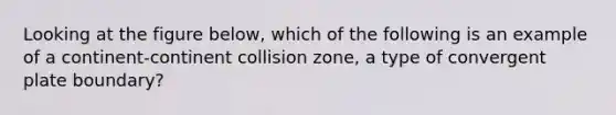 Looking at the figure below, which of the following is an example of a continent-continent collision zone, a type of convergent plate boundary?