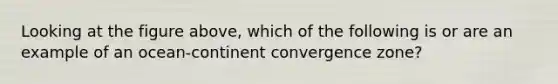 Looking at the figure above, which of the following is or are an example of an ocean-continent convergence zone?