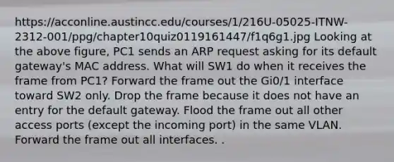 https://acconline.austincc.edu/courses/1/216U-05025-ITNW-2312-001/ppg/chapter10quiz0119161447/f1q6g1.jpg Looking at the above figure, PC1 sends an ARP request asking for its default gateway's MAC address. What will SW1 do when it receives the frame from PC1? Forward the frame out the Gi0/1 interface toward SW2 only. Drop the frame because it does not have an entry for the default gateway. Flood the frame out all other access ports (except the incoming port) in the same VLAN. Forward the frame out all interfaces. .