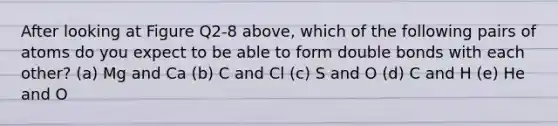 After looking at Figure Q2-8 above, which of the following pairs of atoms do you expect to be able to form double bonds with each other? (a) Mg and Ca (b) C and Cl (c) S and O (d) C and H (e) He and O