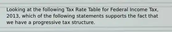 Looking at the following Tax Rate Table for Federal Income Tax, 2013, which of the following statements supports the fact that we have a progressive tax structure.