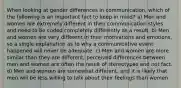 When looking at gender differences in communication, which of the following is an important fact to keep in mind? a) Men and women are extremely different in their communication styles and need to be coded completely differently as a result. b) Men and women are very different in their motivations and emotions, so a single explanation as to why a communicative event happened will never be adequate. c) Men and women are more similar than they are different; perceived differences between men and women are often the result of stereotypes and not fact. d) Men and women are somewhat different, and it is likely that men will be less willing to talk about their feelings than women.