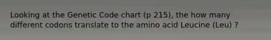 Looking at the Genetic Code chart (p 215), the how many different codons translate to the amino acid Leucine (Leu) ?