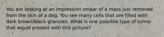 You are looking at an impression smear of a mass just removed from the skin of a dog. You see many cells that are filled with dark brown/black granules. What is one possible type of tumor that would present with this picture?